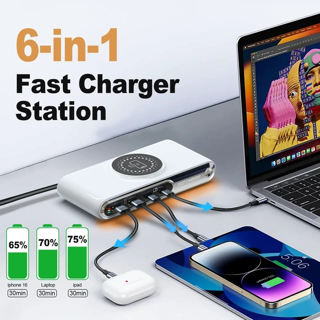 Alt view image 9 of 14 - 6-in-1 USB Charging Station, 72W Desktop Charger with Wireless Charging, 4-Ports Fast Charging Block with LED Color Light for iPhone,iPad, Laptop, Tablets and More