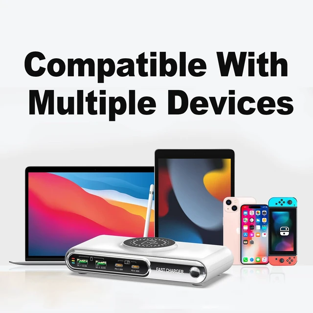 Alt view image 12 of 14 - 6-in-1 USB Charging Station, 72W Desktop Charger with Wireless Charging, 4-Ports Fast Charging Block with LED Color Light for iPhone,iPad, Laptop, Tablets and More