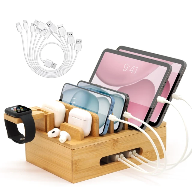 Alt view image 8 of 14 - Bamboo Charging Station with Watch Stand, Desktop Charging Station Organizer, Wood Docking Station for Phones, Tablets, Watch, Earbuds (No Power Supply)