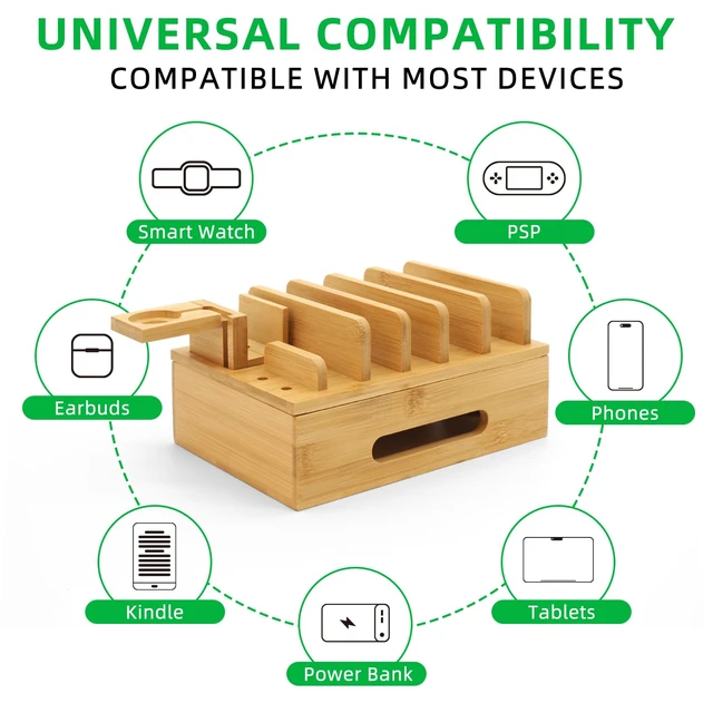 Alt view image 9 of 14 - Bamboo Charging Station with Watch Stand, Desktop Charging Station Organizer, Wood Docking Station for Phones, Tablets, Watch, Earbuds (No Power Supply)