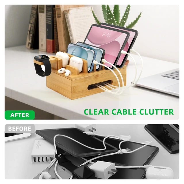Alt view image 11 of 14 - Bamboo Charging Station with Watch Stand, Desktop Charging Station Organizer, Wood Docking Station for Phones, Tablets, Watch, Earbuds (No Power Supply)