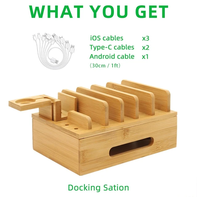 Alt view image 12 of 14 - Bamboo Charging Station with Watch Stand, Desktop Charging Station Organizer, Wood Docking Station for Phones, Tablets, Watch, Earbuds (No Power Supply)