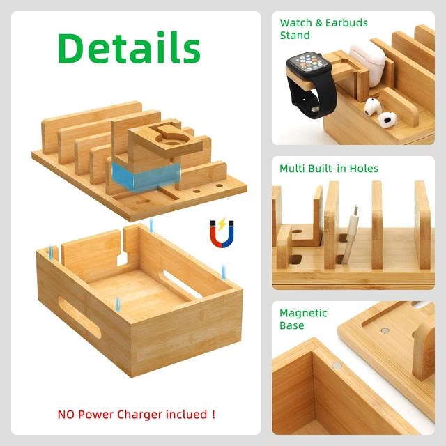 Alt view image 13 of 14 - Bamboo Charging Station with Watch Stand, Desktop Charging Station Organizer, Wood Docking Station for Phones, Tablets, Watch, Earbuds (No Power Supply)
