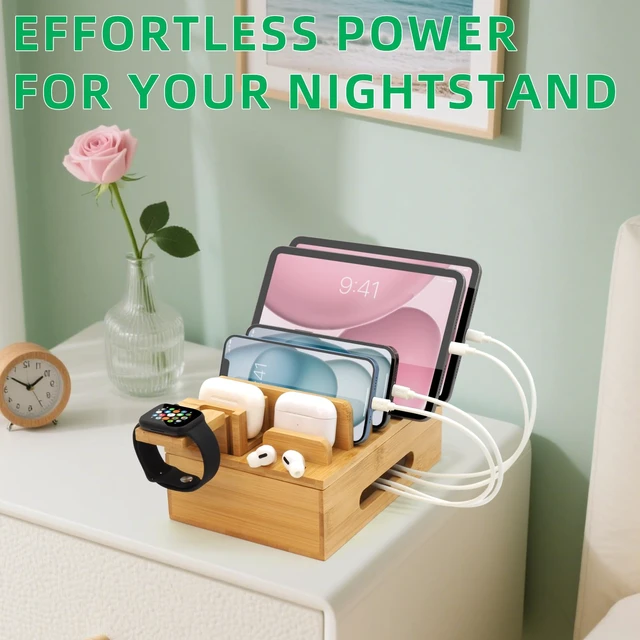 Alt view image 14 of 14 - Bamboo Charging Station with Watch Stand, Desktop Charging Station Organizer, Wood Docking Station for Phones, Tablets, Watch, Earbuds (No Power Supply)
