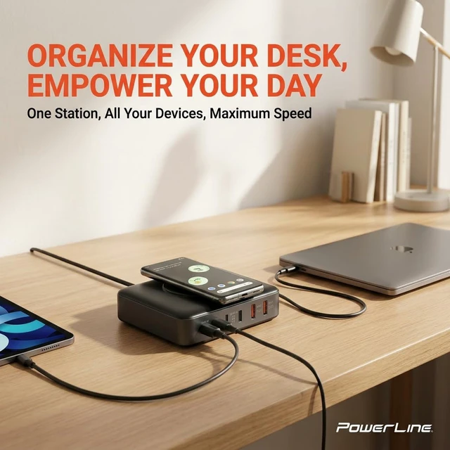 Alt view image 9 of 12 - PowerLine 100W, 7-Port Desktop Charging Station | 4x USB C, 2x USB A, Wireless Charging Pad, PD3 Fast Charging, for MacBook, iPhone, iPad, Smartphone, Tablet, & More