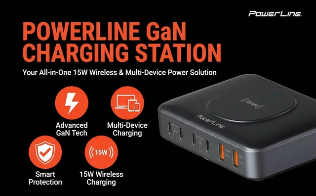 Alt view image 10 of 12 - PowerLine 100W, 7-Port Desktop Charging Station | 4x USB C, 2x USB A, Wireless Charging Pad, PD3 Fast Charging, for MacBook, iPhone, iPad, Smartphone, Tablet, & More