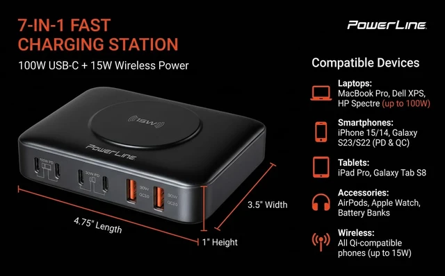 Alt view image 11 of 12 - PowerLine 100W, 7-Port Desktop Charging Station | 4x USB C, 2x USB A, Wireless Charging Pad, PD3 Fast Charging, for MacBook, iPhone, iPad, Smartphone, Tablet, & More