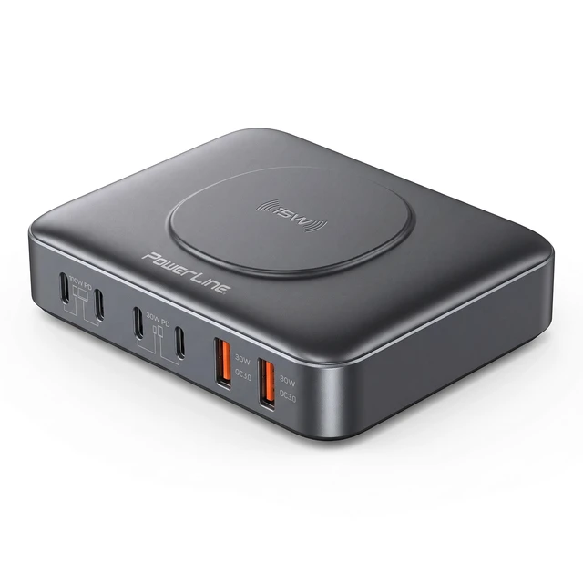 Alt view image 7 of 12 - PowerLine 100W, 7-Port Desktop Charging Station | 4x USB C, 2x USB A, Wireless Charging Pad, PD3 Fast Charging, for MacBook, iPhone, iPad, Smartphone, Tablet, & More