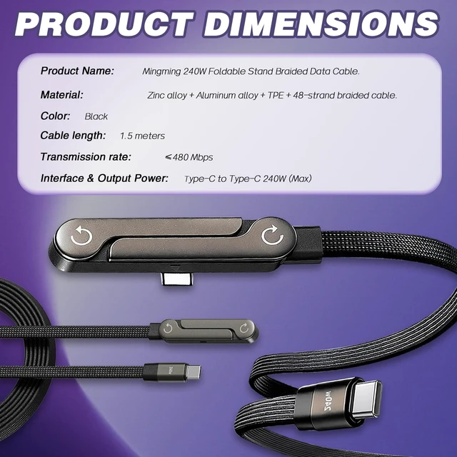 Alt view image 2 of 7 - 240W Braided Fast Charge Cable, 5 FT, 2-in-1 Flat Type-C | Built-in Phone Stand, Collapsible Standing, For Smartphones, Tablets, and Laptops