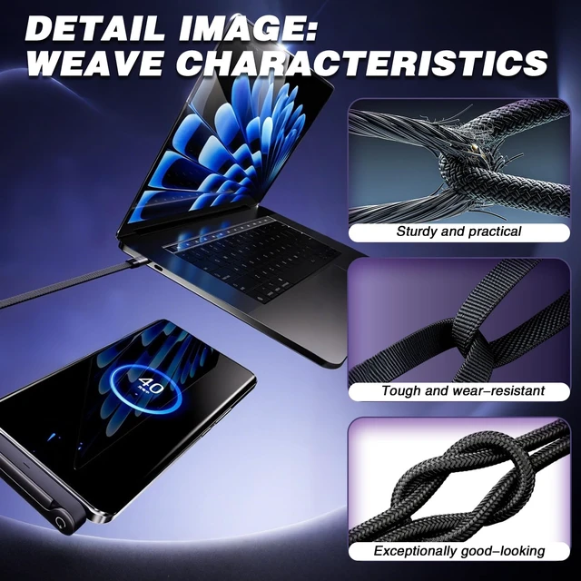 Alt view image 3 of 7 - 240W Braided Fast Charge Cable, 5 FT, 2-in-1 Flat Type-C | Built-in Phone Stand, Collapsible Standing, For Smartphones, Tablets, and Laptops