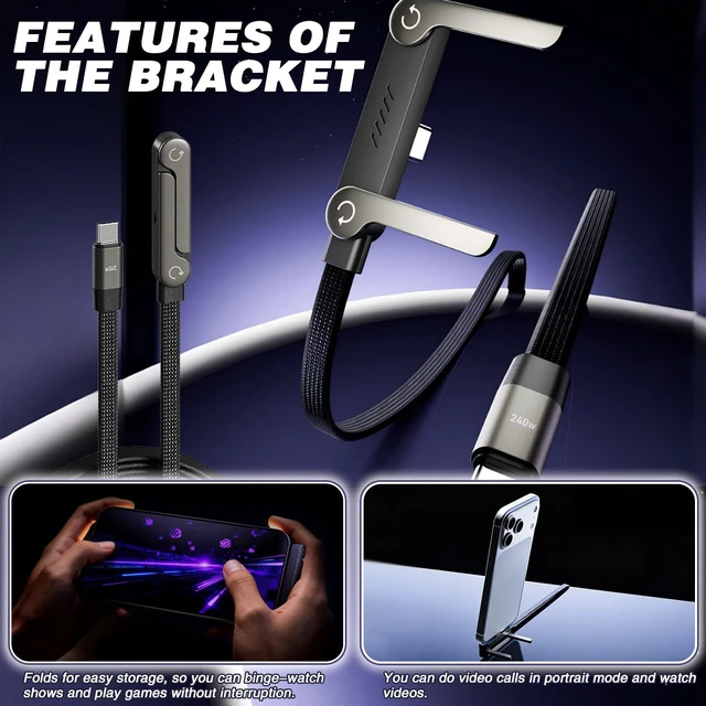 Alt view image 4 of 7 - 240W Braided Fast Charge Cable, 5 FT, 2-in-1 Flat Type-C | Built-in Phone Stand, Collapsible Standing, For Smartphones, Tablets, and Laptops