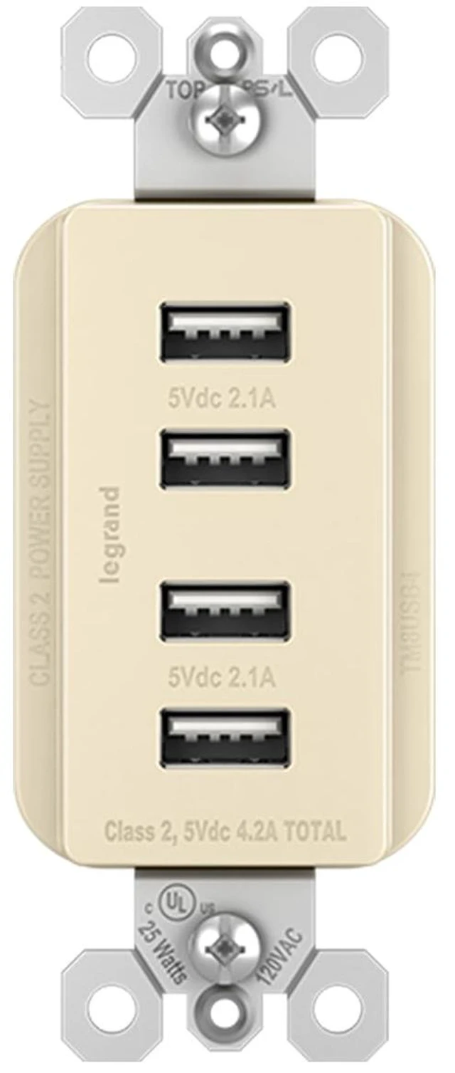 Main image of Legrand Radiant Quad USB 4.2A Type A Decorator Outlet Light Almond | Pass & Seymour Convinent USB Charging, Multi Port USB for Phones and Tablets, Child Safe, 4 Ports