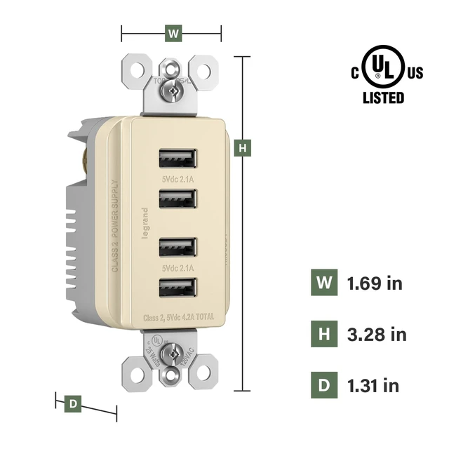 Alt view image 2 of 7 - Legrand Radiant Quad USB 4.2A Type A Decorator Outlet Light Almond | Pass & Seymour Convinent USB Charging, Multi Port USB for Phones and Tablets, Child Safe, 4 Ports