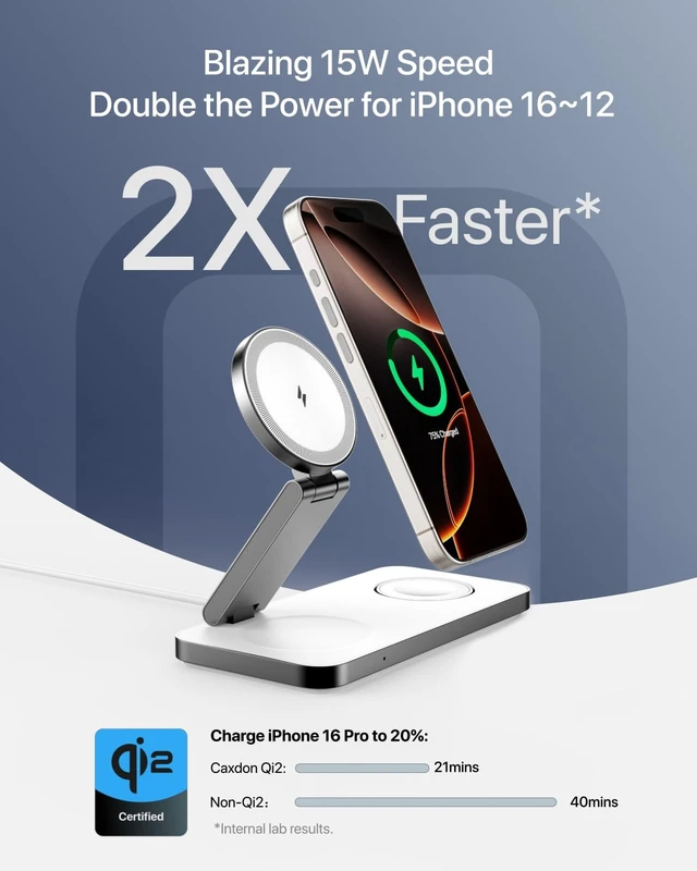 Alt view image 2 of 6 - Caxdon Qi2 3 in 1 Wireless Charging Station with Magnetic Charger for iPhone 16 Pro/16/16 Pro Max/15 Pro/15/15 Pro Max, for Apple Watch 9/Ultra 2/SE/8/7/6/5/4/3/2, for AirPods Pro/Pro 2/3 (whire)