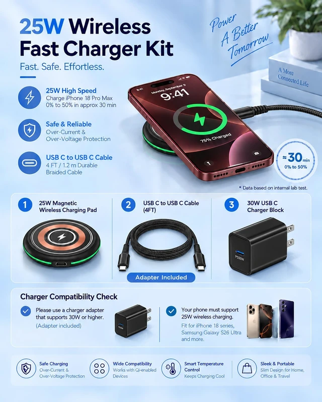 Alt view image 2 of 7 - 25W MagSafe Charger for iPhone 18 Pro Max 17e 17, Apple Magnetic Wireless | 25w Magnetic Wireless Charger Mini Kit with Strong Magnetic Hold, 30w USB-C Wall Charger and 4ft Braided Cable for iPhone.