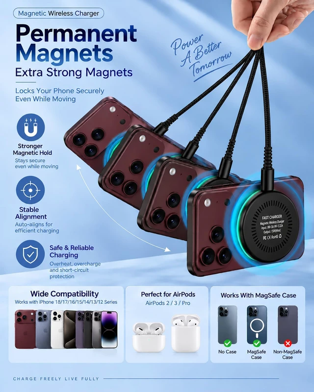 Alt view image 4 of 7 - 25W MagSafe Charger for iPhone 18 Pro Max 17e 17, Apple Magnetic Wireless | 25w Magnetic Wireless Charger Mini Kit with Strong Magnetic Hold, 30w USB-C Wall Charger and 4ft Braided Cable for iPhone.