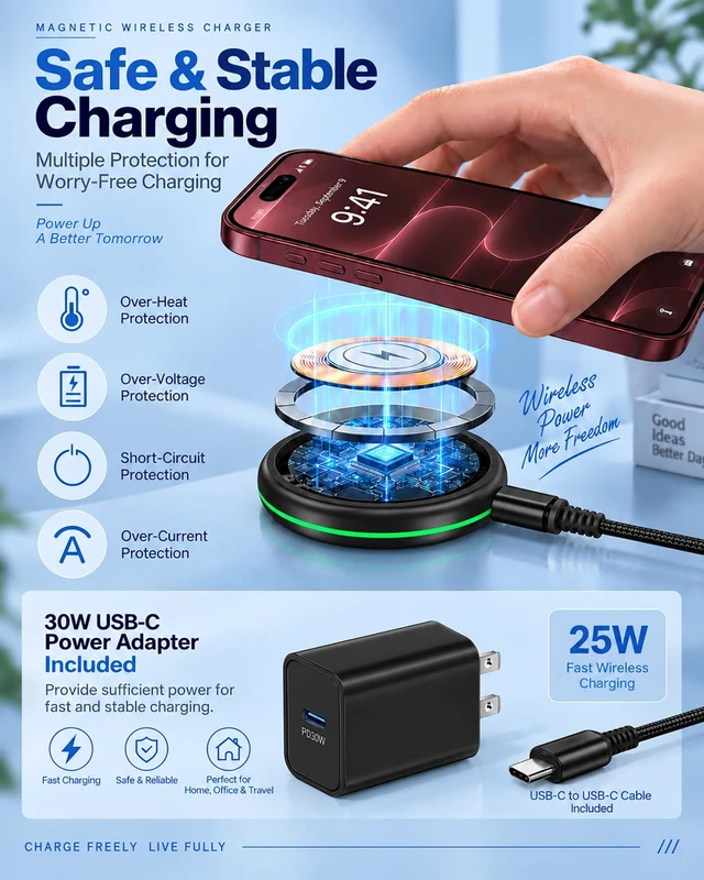 Alt view image 5 of 7 - 25W MagSafe Charger for iPhone 18 Pro Max 17e 17, Apple Magnetic Wireless | 25w Magnetic Wireless Charger Mini Kit with Strong Magnetic Hold, 30w USB-C Wall Charger and 4ft Braided Cable for iPhone.