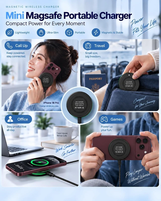 Alt view image 7 of 7 - 25W MagSafe Charger for iPhone 18 Pro Max 17e 17, Apple Magnetic Wireless | 25w Magnetic Wireless Charger Mini Kit with Strong Magnetic Hold, 30w USB-C Wall Charger and 4ft Braided Cable for iPhone.