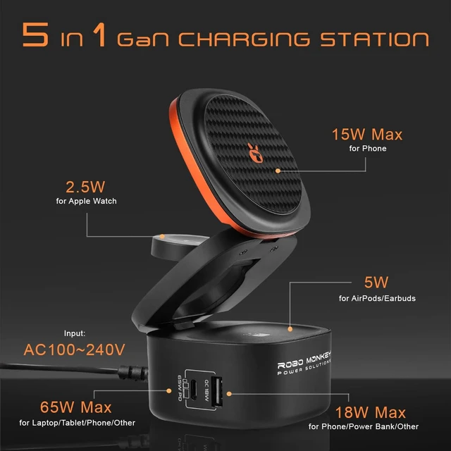 Alt view image 2 of 7 - ROBO MONKEY 65W Power Cube Charging Station Wireless GaN Fast Charger for Multiple Devices iPhone Apple Watch AirPods MacBook Android