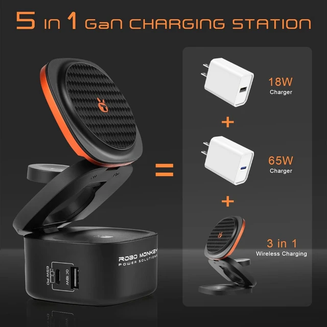 Alt view image 4 of 7 - ROBO MONKEY 65W Power Cube Charging Station Wireless GaN Fast Charger for Multiple Devices iPhone Apple Watch AirPods MacBook Android