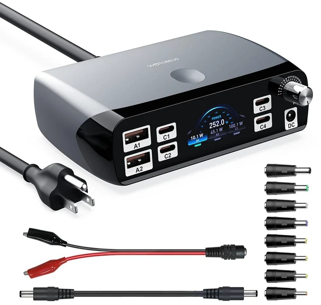 Main image of WOTOBEUS Charging Station (252W), 7-Ports (4 USB-C, 2 USB-A, 1 DC), Power Adapter with DC Power Supply Adjustable 3.3V~24.5V (0~60W) Converter and LED Display, for iPhone Laptops Monitor Electronics