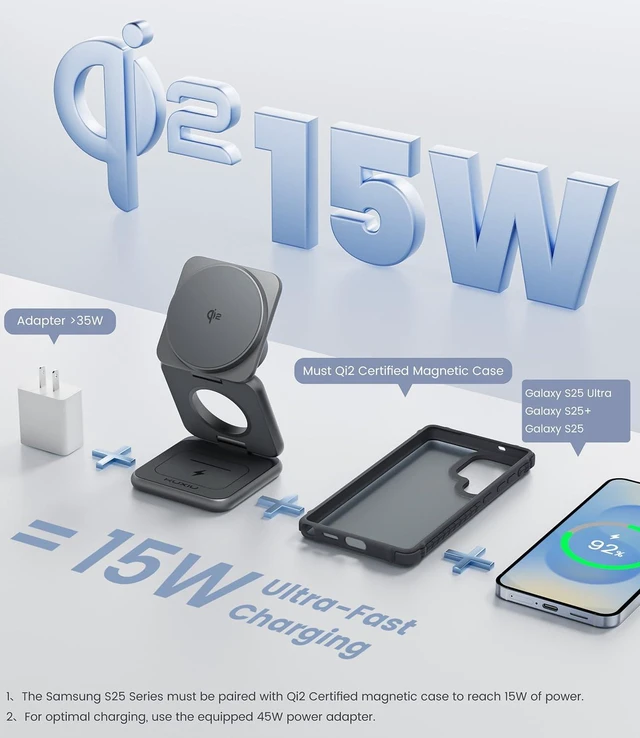 Alt view image 2 of 7 - KU XIU Qi2 3 in 1 Charging Station for Samsung | Aluminum Alloy Foldable 15W Wireless Charger for Galaxy S26 S25 Series, Fast Charger for Galaxy Watch Ultra, for Galaxy Buds