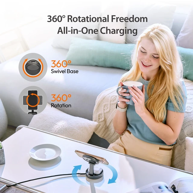 Alt view image 5 of 7 - j5create Qi2 3-in-1 Zinc Alloy Magnetic Wireless Charging Station | for iPhone/Apple Watch/AirPods, 15W Fast Charging, Adjustable Phone Stand, Rotating Base, Foldable Design (JUPW3515)