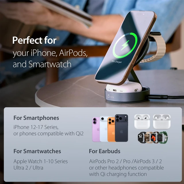 Alt view image 6 of 7 - j5create Qi2 3-in-1 Zinc Alloy Magnetic Wireless Charging Station | for iPhone/Apple Watch/AirPods, 15W Fast Charging, Adjustable Phone Stand, Rotating Base, Foldable Design (JUPW3515)