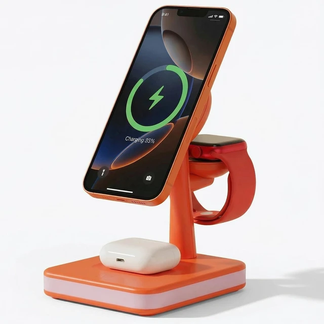Main image of 4-in-1 Wireless Charging Station with LED Light for iPhone Series Orange | Magnetic Charging Station with iPhone13-17, Watch Series, Earbuds 4/3/2/Pro for Office Desk for Nightstand for Travel