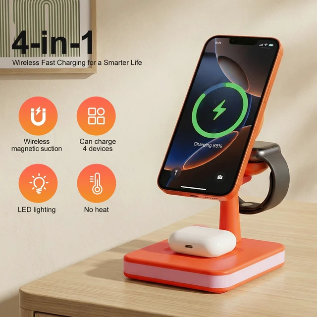Alt view image 2 of 7 - 4-in-1 Wireless Charging Station with LED Light for iPhone Series Orange | Magnetic Charging Station with iPhone13-17, Watch Series, Earbuds 4/3/2/Pro for Office Desk for Nightstand for Travel