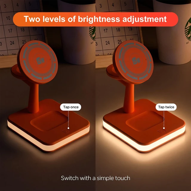 Alt view image 6 of 7 - 4-in-1 Wireless Charging Station with LED Light for iPhone Series Orange | Magnetic Charging Station with iPhone13-17, Watch Series, Earbuds 4/3/2/Pro for Office Desk for Nightstand for Travel