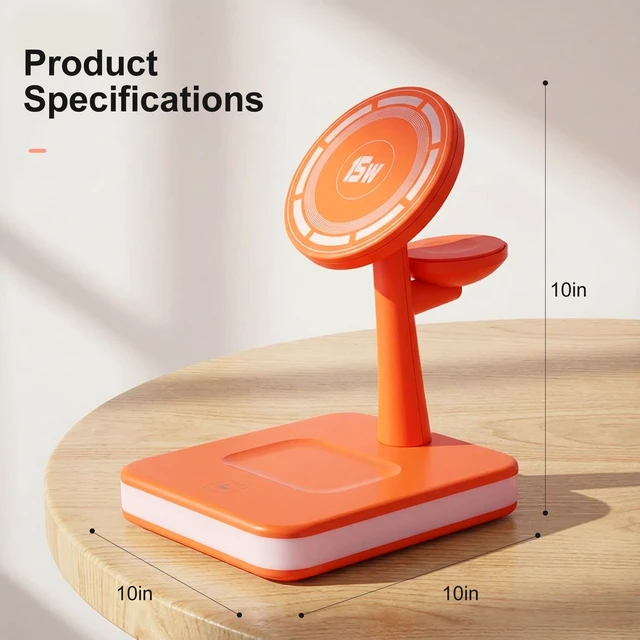 Alt view image 5 of 7 - 4-in-1 Wireless Charging Station with LED Light for iPhone Series Orange | Magnetic Charging Station with iPhone13-17, Watch Series, Earbuds 4/3/2/Pro for Office Desk for Nightstand for Travel