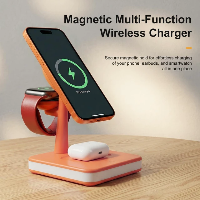 Alt view image 4 of 7 - 4-in-1 Wireless Charging Station with LED Light for iPhone Series Orange | Magnetic Charging Station with iPhone13-17, Watch Series, Earbuds 4/3/2/Pro for Office Desk for Nightstand for Travel