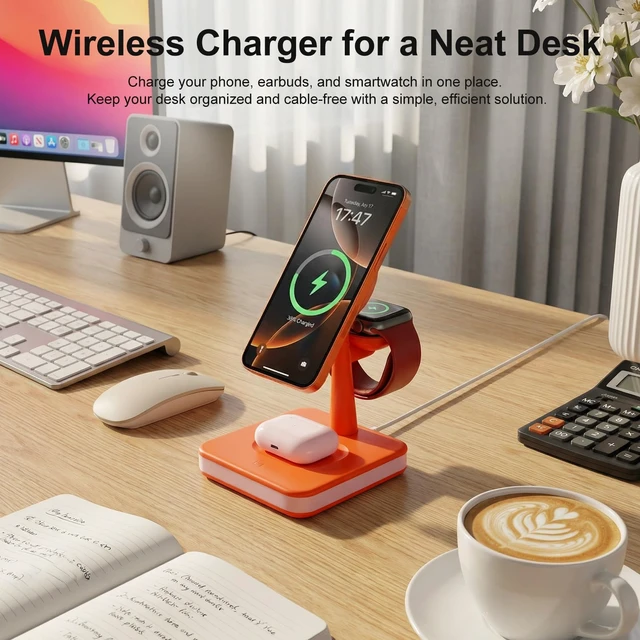 Alt view image 3 of 7 - 4-in-1 Wireless Charging Station with LED Light for iPhone Series Orange | Magnetic Charging Station with iPhone13-17, Watch Series, Earbuds 4/3/2/Pro for Office Desk for Nightstand for Travel