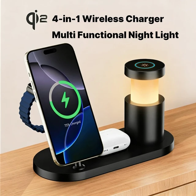 Alt view image 3 of 7 - BUDUY MagSafe Charger Compatible, 4-in-1 Charging Station, Qi2 25W Certified Wireless Charger Dock Stand with 45W Adapter & TEC Active Cooling & Night Light for iPhone 17/16/15, Apple Watch, AirPods