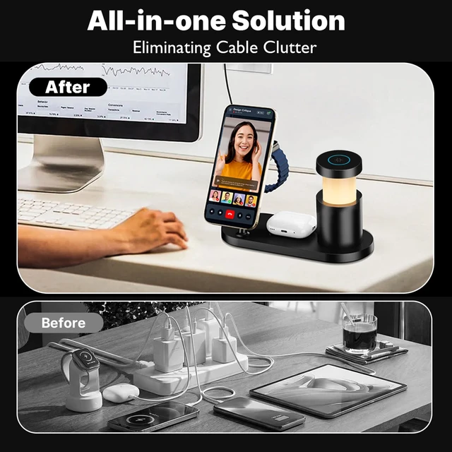Alt view image 6 of 7 - BUDUY MagSafe Charger Compatible, 4-in-1 Charging Station, Qi2 25W Certified Wireless Charger Dock Stand with 45W Adapter & TEC Active Cooling & Night Light for iPhone 17/16/15, Apple Watch, AirPods