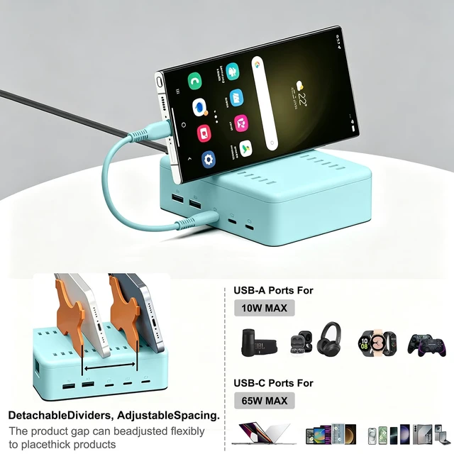 Alt view image 3 of 7 - HKY USB C Charging Station Stand for MacBook Neo Kindle Phones ipad Airpods Speakers Colorful 105W 5-Port (3 USB-C + 2 USB-A) Organizer Charging Dock with Removable Divider & Cables