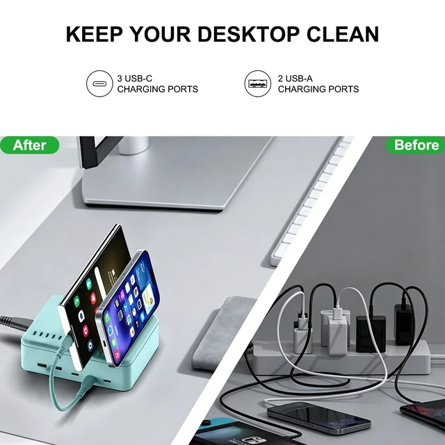 Alt view image 4 of 7 - HKY USB C Charging Station Stand for MacBook Neo Kindle Phones ipad Airpods Speakers Colorful 105W 5-Port (3 USB-C + 2 USB-A) Organizer Charging Dock with Removable Divider & Cables