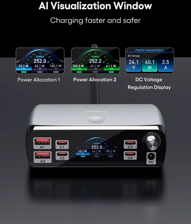 Alt view image 3 of 7 - WOTOBEUS Charging Station (252W), 7-Ports (4 USB-C, 2 USB-A, 1 DC), Power Adapter with DC Power Supply Adjustable 3.3V~24.5V (0~60W) Converter and LED Display, for iPhone Laptops Monitor Electronics