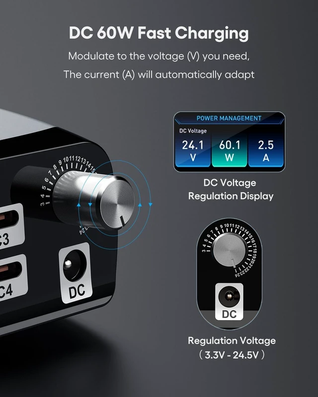 Alt view image 5 of 7 - WOTOBEUS Charging Station (252W), 7-Ports (4 USB-C, 2 USB-A, 1 DC), Power Adapter with DC Power Supply Adjustable 3.3V~24.5V (0~60W) Converter and LED Display, for iPhone Laptops Monitor Electronics