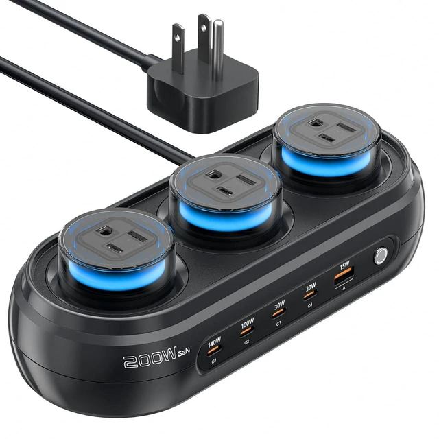 Main image of 200W GaN Desktop Charging Station, 8-in-1 Desk Accessories with RGB Lights|140W PD3.1 Fast Charger, Gaming Accessories with 3 AC 5 USB, RGB Lights with 7 Customizable Colors for Gaming & Office Setup