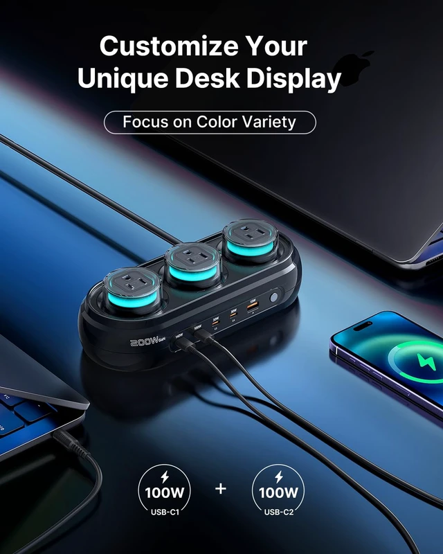 Alt view image 4 of 7 - 200W GaN Desktop Charging Station, 8-in-1 Desk Accessories with RGB Lights|140W PD3.1 Fast Charger, Gaming Accessories with 3 AC 5 USB, RGB Lights with 7 Customizable Colors for Gaming & Office Setup