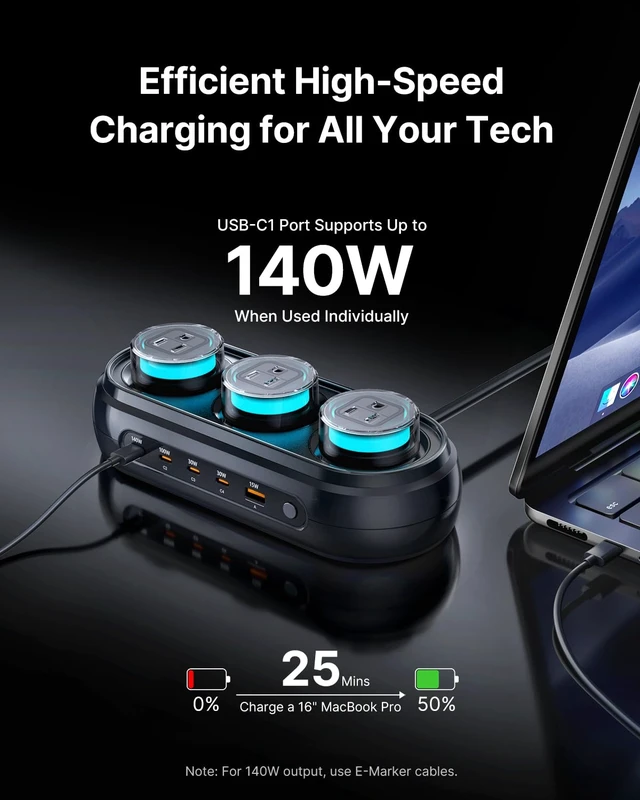 Alt view image 5 of 7 - 200W GaN Desktop Charging Station, 8-in-1 Desk Accessories with RGB Lights|140W PD3.1 Fast Charger, Gaming Accessories with 3 AC 5 USB, RGB Lights with 7 Customizable Colors for Gaming & Office Setup