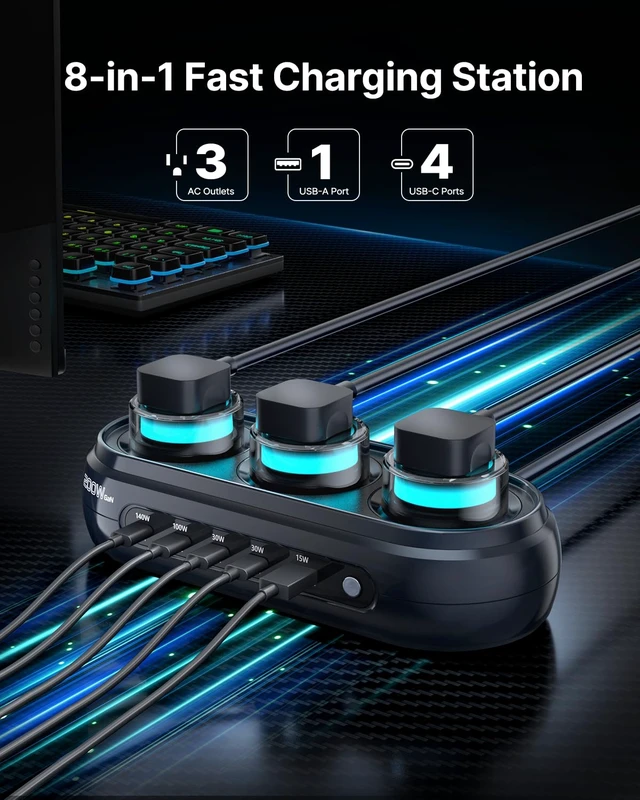 Alt view image 6 of 7 - 200W GaN Desktop Charging Station, 8-in-1 Desk Accessories with RGB Lights|140W PD3.1 Fast Charger, Gaming Accessories with 3 AC 5 USB, RGB Lights with 7 Customizable Colors for Gaming & Office Setup