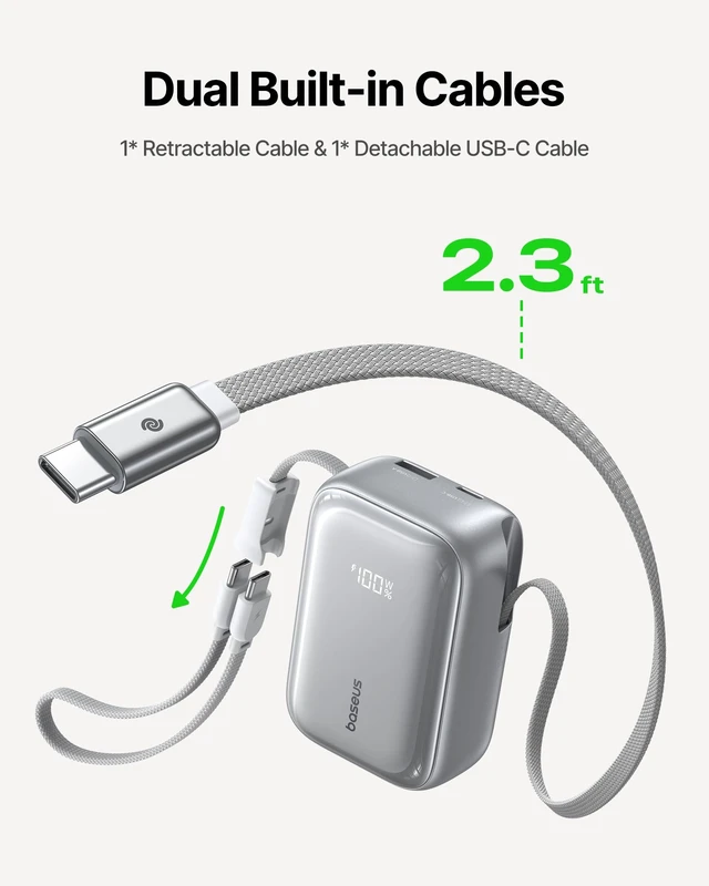 Alt view image 2 of 7 - Baseus PicoGo AR11 45W 10000mAh Portable Charger, Retractable USB-C Cable | Dual Built-in USB-C Cables, retractable & detachable 2in1 design, Compact Travel Power Bank for iPhone 18/17/16/15