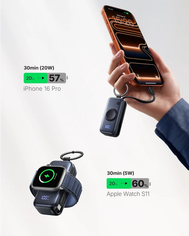 Alt view image 5 of 7 - INIU SnapGo Portable Charger, 5000mAh Mini Power Bank for Apple Watch | 20W Fast Charging, Travel Keychain, Built-in USB-C Cable, Flight-Safe, Battery Pack for Apple Watch, iPhone 18 17 etc