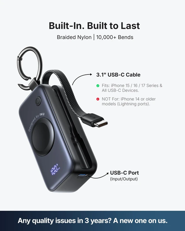 Alt view image 7 of 7 - INIU SnapGo Portable Charger, 5000mAh Mini Power Bank for Apple Watch | 20W Fast Charging, Travel Keychain, Built-in USB-C Cable, Flight-Safe, Battery Pack for Apple Watch, iPhone 18 17 etc