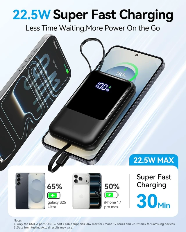 Alt view image 3 of 7 - Tikeyo Portable Charger Power Bank 12000mAh(22.5W, Built-In Cables) Smaller | Charge 5 Devices,LED Display,Flight-Safe, Travel Essentials, Flashlight, for iPhone 17/16/15/14, Samsung, Switch and more