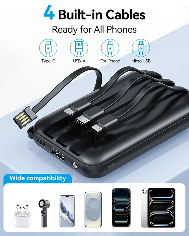 Alt view image 4 of 7 - Tikeyo Portable Charger Power Bank 12000mAh(22.5W, Built-In Cables) Smaller | Charge 5 Devices,LED Display,Flight-Safe, Travel Essentials, Flashlight, for iPhone 17/16/15/14, Samsung, Switch and more