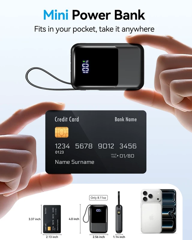 Alt view image 5 of 7 - Tikeyo Portable Charger Power Bank 12000mAh(22.5W, Built-In Cables) Smaller | Charge 5 Devices,LED Display,Flight-Safe, Travel Essentials, Flashlight, for iPhone 17/16/15/14, Samsung, Switch and more